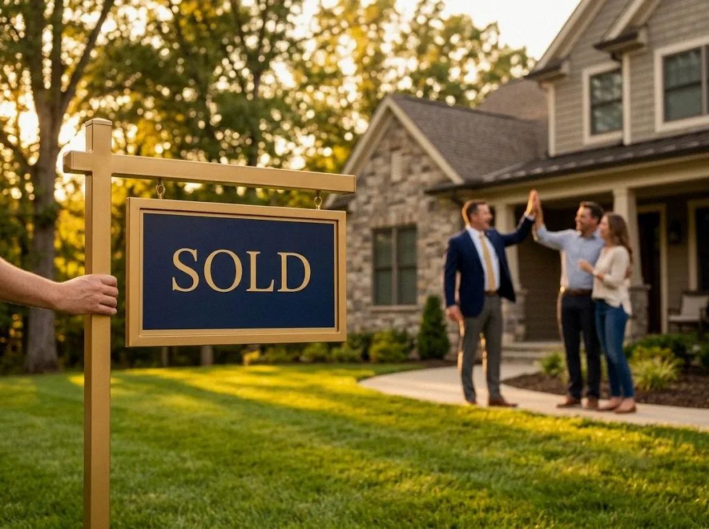 Gold sold sign with a celebrating seller and agent in the background