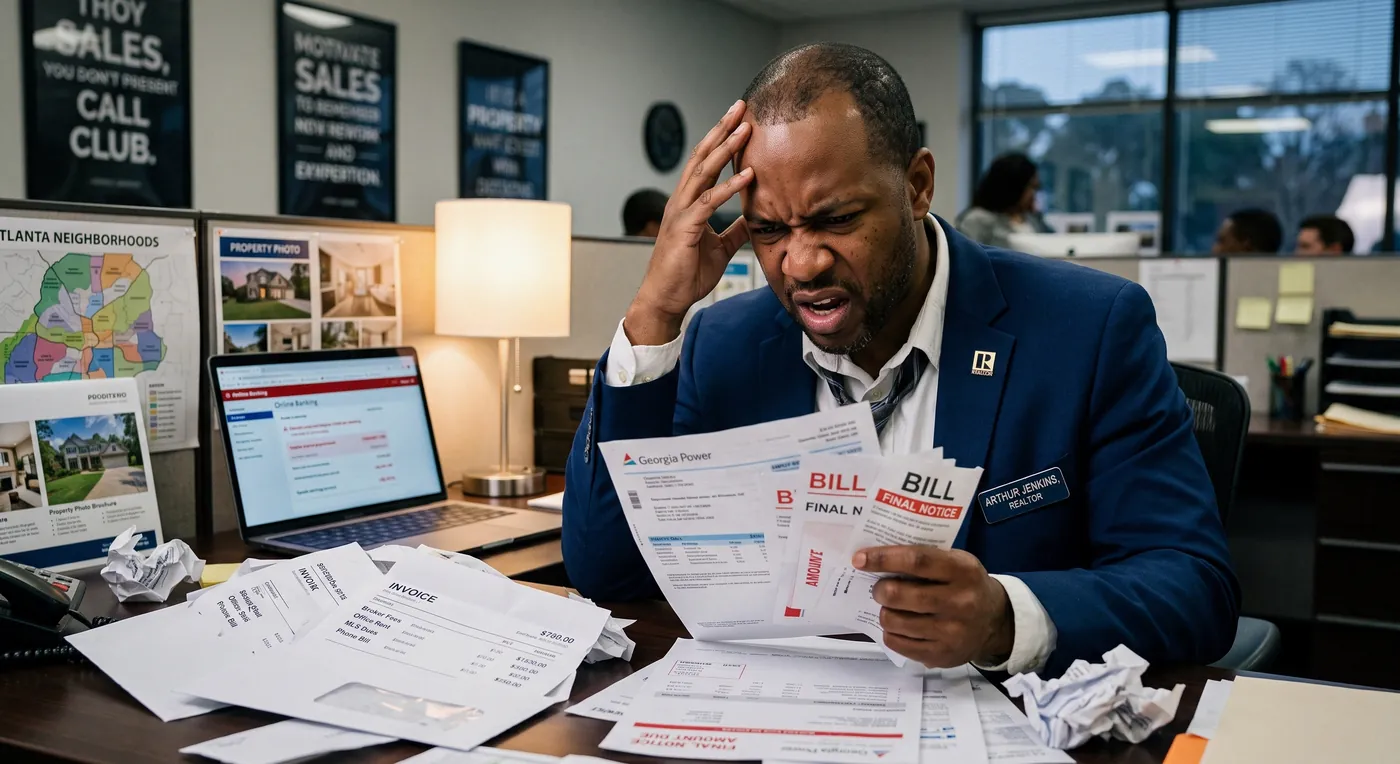 Frustrated agent surrounded by invoices and final-notice bills from lead services