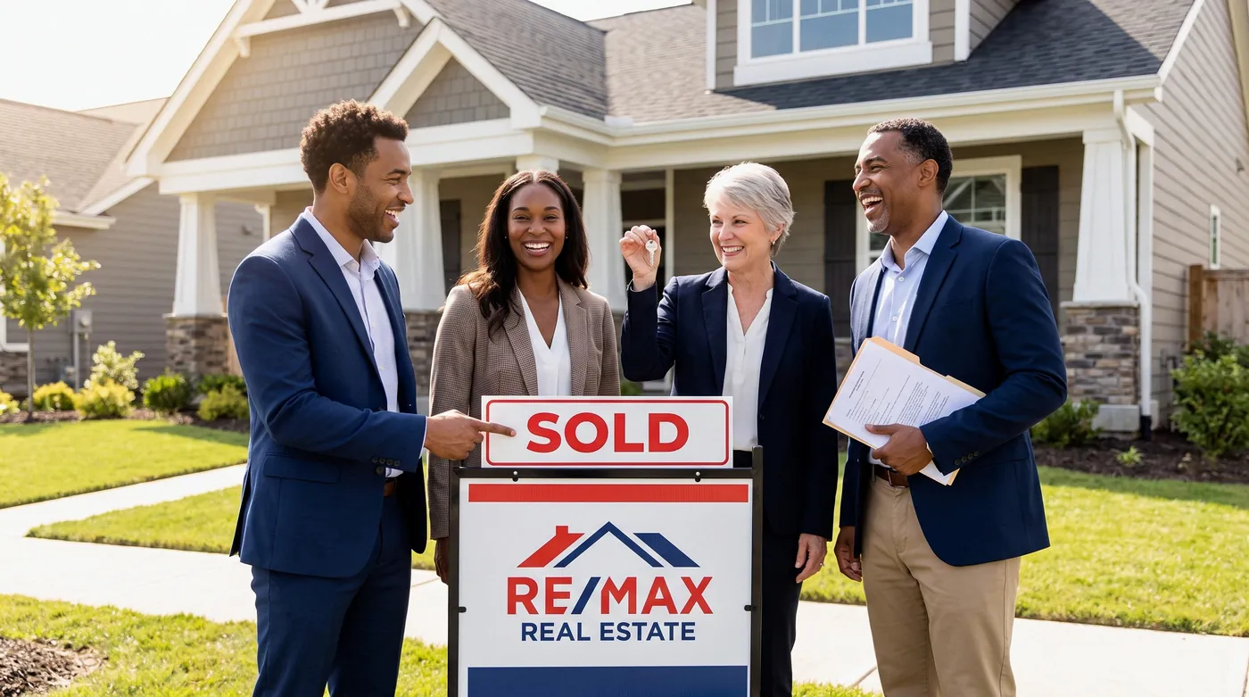 Agents and sellers celebrating a closed listing at a sold sign