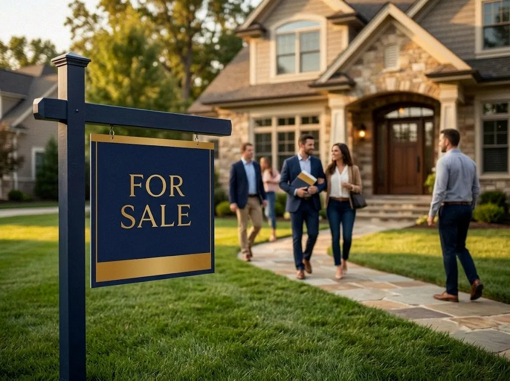 Buyers touring a home behind a for-sale sign — buyers pick houses, sellers pick agents