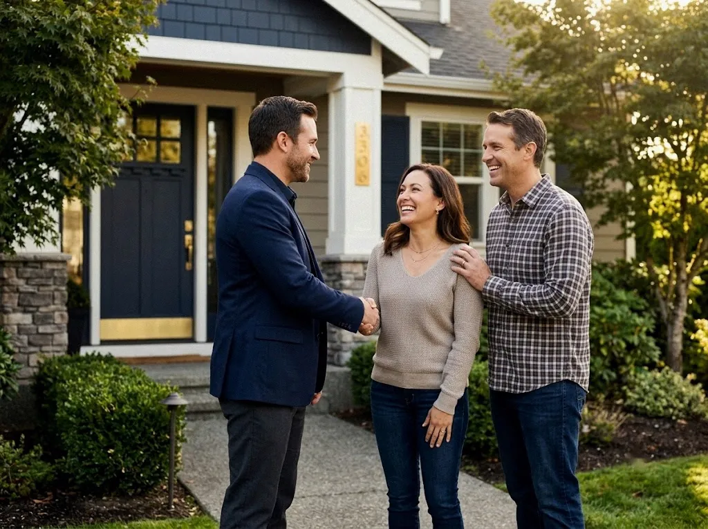 Homeowners shaking hands with their agent outside the family home