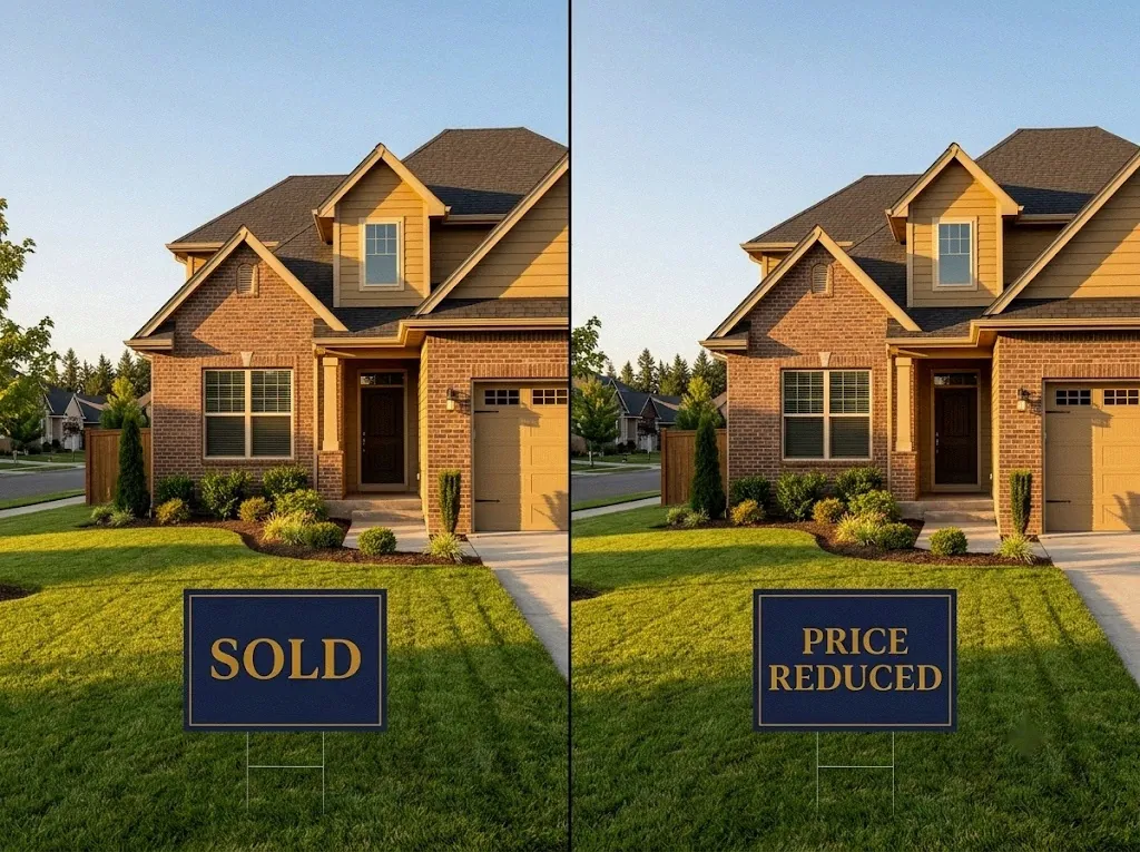 Side-by-side homes: one sold at asking price, one with a price-reduced sign