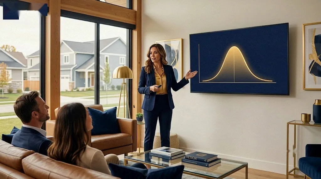 Listing agent presenting a bell-curve pricing chart to sellers in their living room