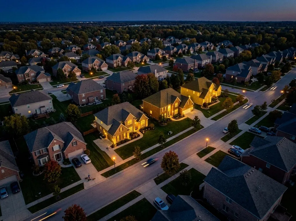 Aerial view of a suburban neighborhood at dusk