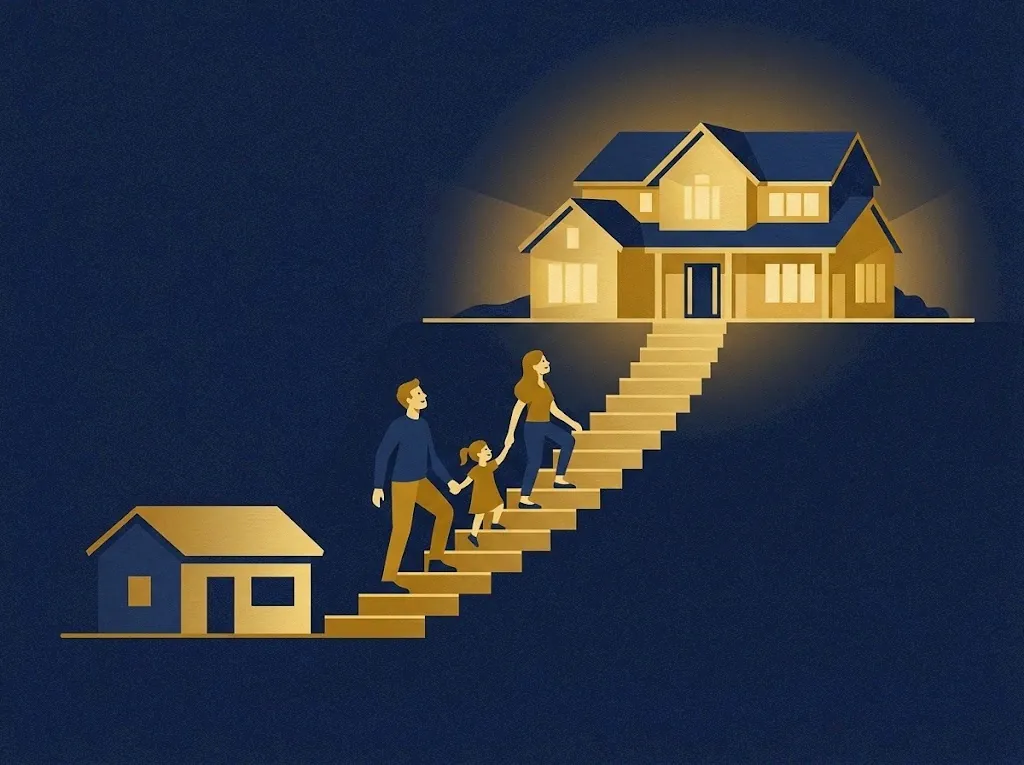 Family climbing the trade-up staircase from a starter home toward a larger one