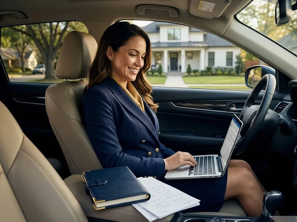 Agent working her seller leads from the front seat between showings